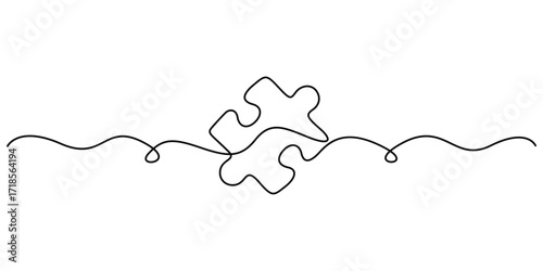 Puzzle icon continuous one line drawing vector. Single line art piece of puzzle illustration. Team work icon. Minimal outline vector illustration