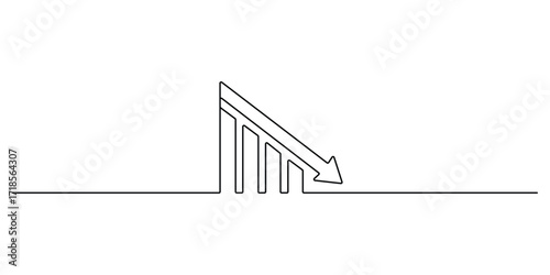Chart graph with down arrow in one continuous line illustration. Concept of business decline, down growth. Bar chart single line art. Business financial sales market growth. Doodle vector illustration