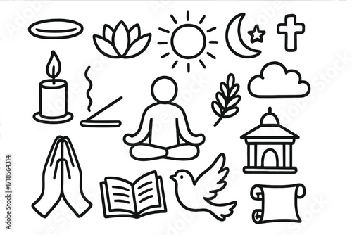 Spiritual Symbols Doodles. Hand-drawn doodle illustration [Spiritual guidance and enlightenment] [halo, lotus flower, sun, moon, star, meditation pose, candle,