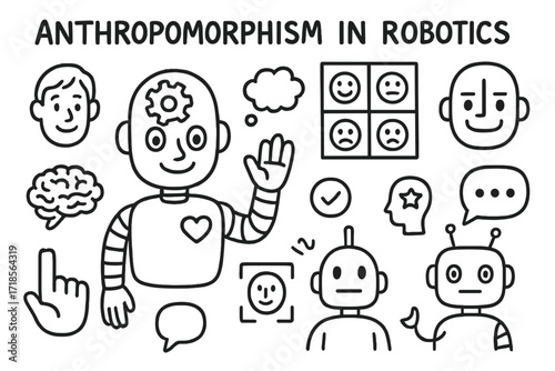 Expressive Robot Doodle. Hand-drawn doodle illustration [Anthropomorphism in robotics] [robot with eyes, human face, gear inside head, emotion chart, waving