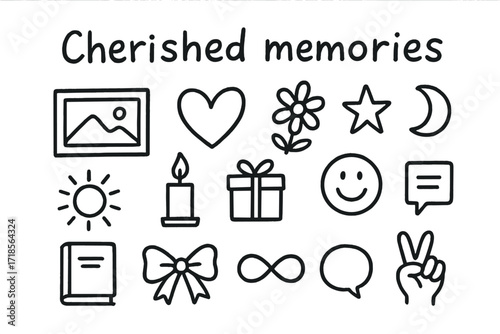 Cherished Memories Doodles. Hand-drawn doodle illustration Cherished memories [photo frame, heart, flower, star, moon, sun, candle, gift box, smiling face,