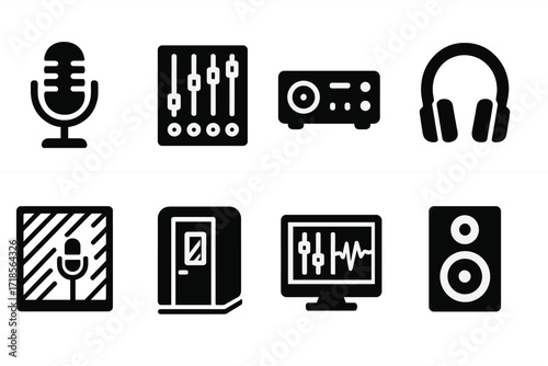 Music Studio Icons. Solid, filled icon set of drum recording and studio: microphone, mixing console, audio interface, headphones, recording booth, soundproof