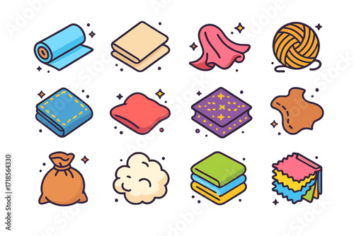 Colorful Fabric Icons. Fabric. Colorful isometric vector icons set of fabric: cotton roll, linen sheet, silk cloth, wool ball, denim patch, velvet piece,