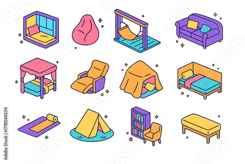 Cozy Napping Icons. Colorful isometric vector icons set of Nap-friendly places: cozy window nook, bean bag chair, hammock on porch, couch with pillows, bed
