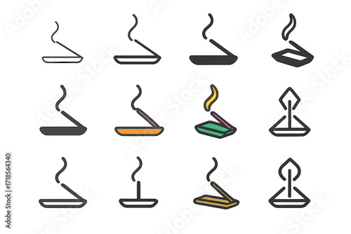 Mindfulness Logo Set. Set Logo of Mindfulness practices and meditation retreats: Incense stick with smoke. Logo set in vector style, emblematic variations.