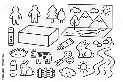 Diorama Creation Doodles. Hand-drawn doodle illustration [building a diorama] shoebox, clay figures, trees, mountains, sky backdrop, glue stick, paint tube,