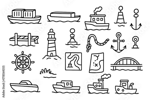 River Transport Icons. Hand-drawn doodle illustration [river transportation] [cargo boat, barge, ferry, dock, anchor, river buoy, rope, ship wheel, lighthouse,