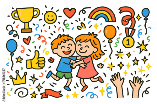 Joyful Victory Celebration. Colorful Hand-drawn doodle Children illustration Victory hug moment trophy, medal, heart, rainbow, hugging children, confetti,