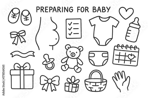 Baby Preparation Doodles. Hand-drawn doodle illustration Preparing for baby baby shoes, belly, heart, checklist, onesie, bottle, diaper, soft toy, ribbon,