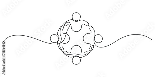 Continuous one line drawing group of young happy business people unite their hands together to form a circle shape symbol, top view. Doodle vector illustration