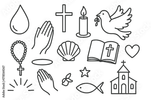 Baptism Faith Icons. Hand-drawn doodle illustration baptism and faith water droplet, cross, candle, dove, Bible, praying hands, shell, fish symbol, star,