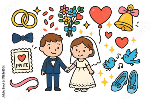 Whimsical Wedding Doodles. Colorful Hand-drawn doodle Children illustration Wedding card illustrations wedding rings, bride and groom, flower petals, bouquet,