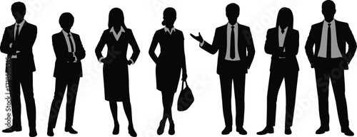 Business professional silhouettes, corporate attire icons, standing pose set, office team graphic, black and white design, workplace diversity vector, formal dress illustration