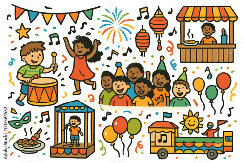 Vibrant Festival Celebration. Colorful Hand-drawn doodle Children illustration City street festivals drum, dancer, lanterns, fireworks, food stand, flags,