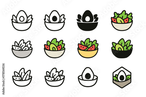 Salad Logo Designs. Set Logo of preparing a fresh salad with avocado, tomatoes, and greens: Avocado seed icon. Logo set in vector style, emblematic variations.