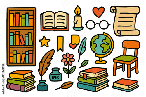 Colorful Library Doodle. Library. Colorful Hand-drawn doodle Children illustration bookshelf, open book, candle, scroll, glasses, globe, star, heart, bookmark,