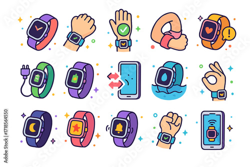 Wearable Tech Icons. Colorful isometric vector icons set of wearable tech lifestyle: smartwatch on wrist, daily steps goal reached, workout session