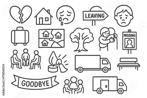 Community Farewell Doodles. Hand-drawn doodle illustration [The emotional toll of losing a community] [broken heart, empty house, crying face, suitcase,