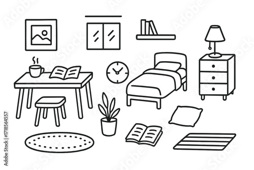 Minimalist Tiny Home Doodles. Hand-drawn doodle illustration Minimalist tiny home desk, stool, bed, lamp, drawer, plant, rug, cup, clock, framed picture,