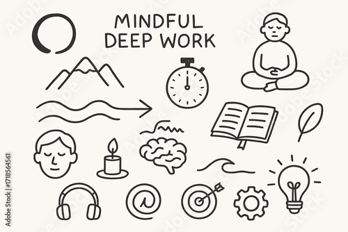 Mindful Deep Work Doodles. Hand-drawn doodle illustration Mindful deep work [zen icon, mountain, sitting person, breath lines, stopwatch, journal, candle,