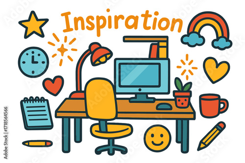 Home Office Doodles. Colorful Hand-drawn doodle Children illustration Home Office Inspiration [desk, chair, computer, lamp, notebook, pencil, mug, plant,