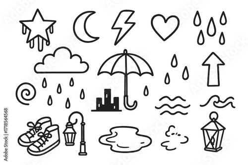 Surreal Neon Rain Doodle. Hand-drawn doodle illustration Surreal neon rain dripping star, glowing moon, lightning, umbrella, heart, spiral, city silhouette,