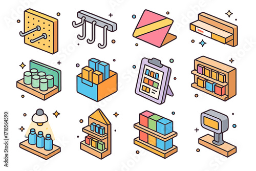 Colorful Isometric Store Icons. Colorful isometric vector icons set of store shelf merchandising: pegboard panel, hanging product hooks, shelf talker sign,