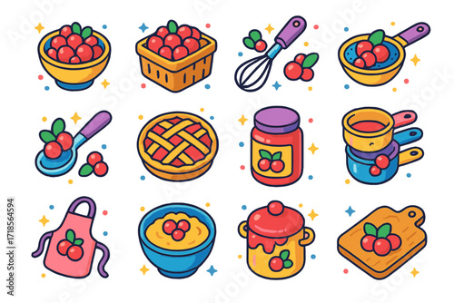 Berry-Themed Kitchen Icons. Colorful isometric vector icons set of Berry-themed kitchen items: cranberry bowl, berry basket, berry whisk, cranberry strainer,