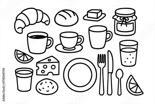Continental Breakfast Doodles. Hand-drawn doodle illustration continental breakfast croissant, bread roll, butter, jam jar, cheese wedge, cold cut slice,