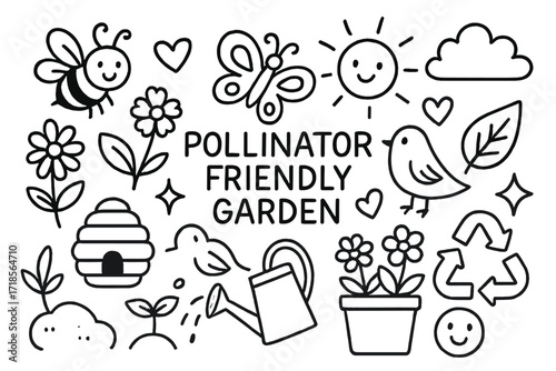 Pollinator Garden Doodles. Hand-drawn doodle illustration Pollinator friendly garden [bee, butterfly, flower, leaf, hive, bird, heart, sparkle, sun, cloud,