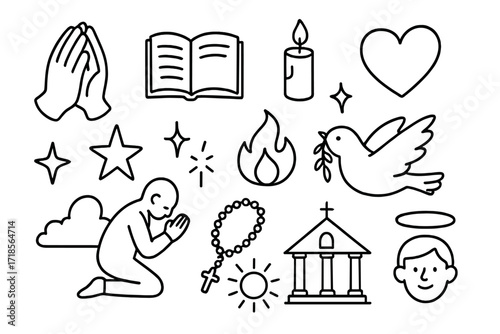 Devotion Symbols Doodle. Hand-drawn doodle illustration Devotion and prayer praying hands, open book, candle, heart, star, spark, flame, dove, person kneeling,