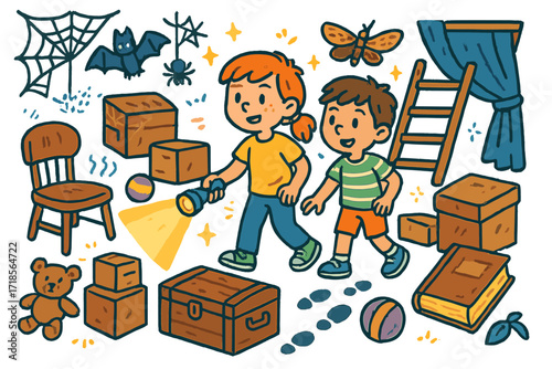 Exploring Attic Treasures. Colorful Hand-drawn doodle Children illustration Exploring the Attic with Flashlight flashlight, cobweb, boxes, old book, toy, dusty