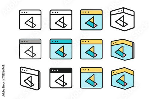 Colorful Logo Grid. Set Logo of Graphic Design Mockup: Floating browser window. Logo set in vector style, emblematic variations. line, bold thick line, solid