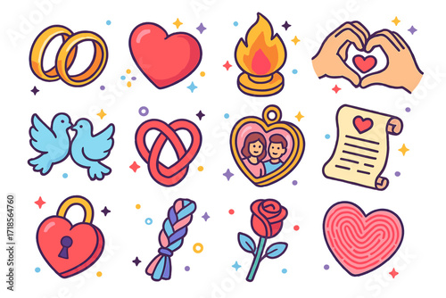 Colorful Love Icon Set. Colorful isometric vector icons set of Love and symbolic details: intertwined rings, glowing heart, eternal flame, hands forming heart,