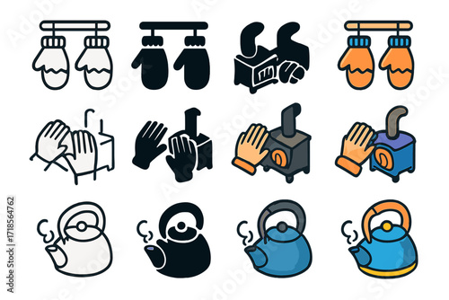 Frosty Day Icon Set. Icon Set of Frosty Day Comfort: Mittens drying, Hands near firewood stove, Steaming kettle. Icons set in vector style,