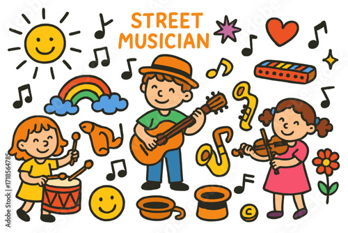 Street Musician Doodles. Colorful Hand-drawn doodle Children illustration Street Musician [guitar, drum, saxophone, violin, harmonica, hat, coin, music note,