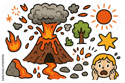 Volcanic Eruption Doodle. Colorful Hand-drawn doodle Children illustration volcanic eruption volcano, lava flow, smoke cloud, hot rocks, ash, fire, mountain,