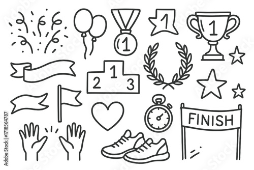 Victory Celebration Icons. Hand-drawn doodle illustration Victory celebration confetti, balloons, star, medal, trophy, ribbon, flag, podium, laurel wreath,