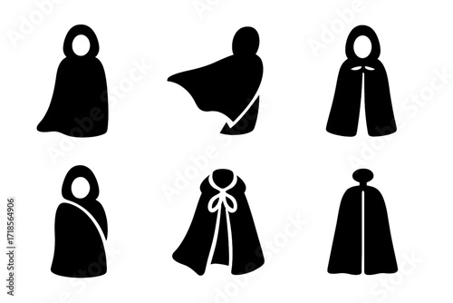 Cloak Icon Set. Solid, filled icon set of cloak wearing: hood up, cloak flowing, cloak clasped, cloak thrown back, cloak wrapped, cloak billowing, cloak tied,