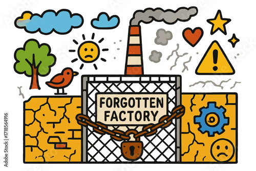 Whimsical Forgotten Factory. Colorful Hand-drawn doodle Children illustration Forgotten Factory closed gate, cracked walls, rusted lock, broken chain, gear,