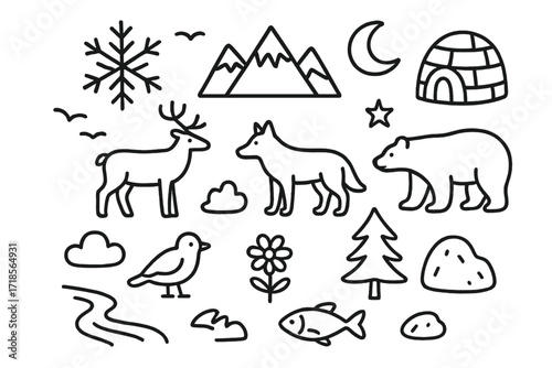 Tundra Doodles. Hand-drawn doodle illustration neon lights in tundra snowflake, mountain, reindeer, wolf, polar bear, star, crescent moon, igloo, tree, rock,