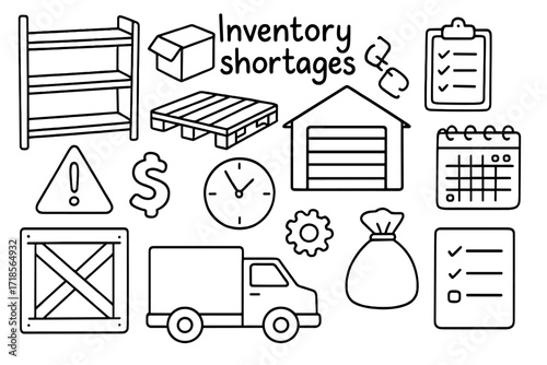 Inventory Shortage Icons. Hand-drawn doodle illustration Inventory shortages [empty shelf, box, pallet, clipboard, warehouse, warning triangle, dollar sign,