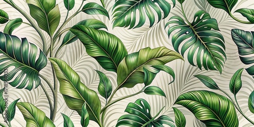Lush Tropical Foliage Seamless Pattern Design Featuring Vibrant Green Leaves and Elegant Neutral Background Ideal for Textile Prints, Wallpaper, and Home Decor
