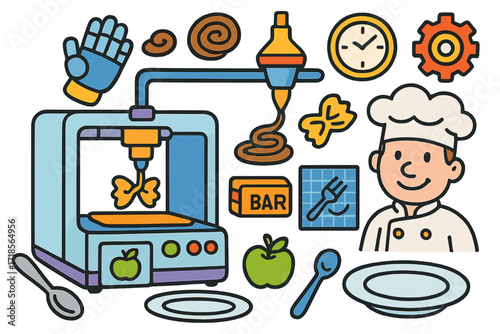 3D Food Printer Fun. Colorful Hand-drawn doodle Children illustration 3D Printed Food printer machine, food tray, chocolate swirl, pasta shape, robot hand,