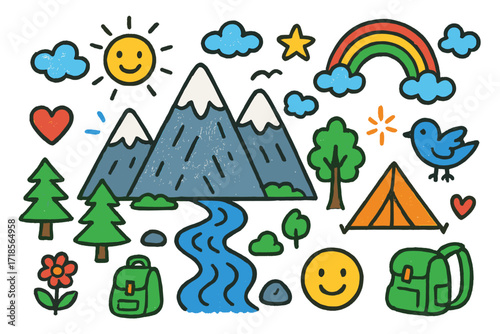 Vibrant Children Doodle. Colorful Hand-drawn doodle Children illustration Massive Mountains [giant mountain, trees, river, clouds, sun, rainbow, star, heart,