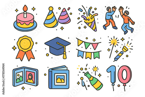 Colorful Celebration Icons. Colorful isometric vector icons set of celebration and milestones: cake with candle, party hats, confetti burst, high-five jump,