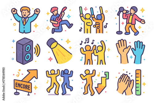 Vibrant Wedding Music Icons. Colorful isometric vector icons set of live music energy at weddings: cheering guest icon, jumping musician, glowstick crowd,