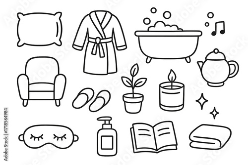 Relaxation Doodle Essentials. Hand-drawn doodle illustration [relaxation activities] [pillow, robe, slippers, tub, bubbles, tea pot, scented candle, music