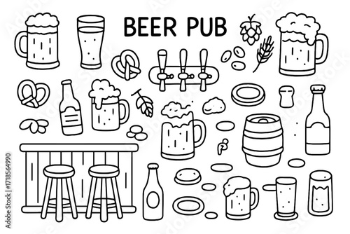 Beer Pub Icons. Beer pub. Hand-drawn doodle illustration beer pub beer mugs, pint glasses, hops, barley, bottles, kegs, pretzels, peanuts, coasters, taps,