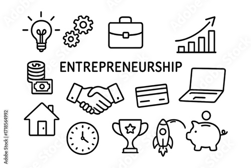 Entrepreneurship Doodle Icons. Hand-drawn doodle illustration entrepreneurship light bulb, gears, briefcase, chart, arrow up, handshake, laptop, coin stack,